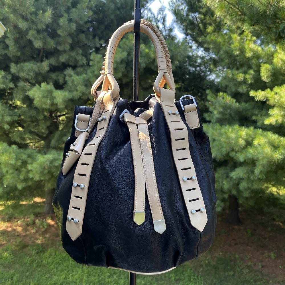 Allibelle Italian Leather Satchel Tote Black Tan Trim Wrap Handle Drawstring Bag
